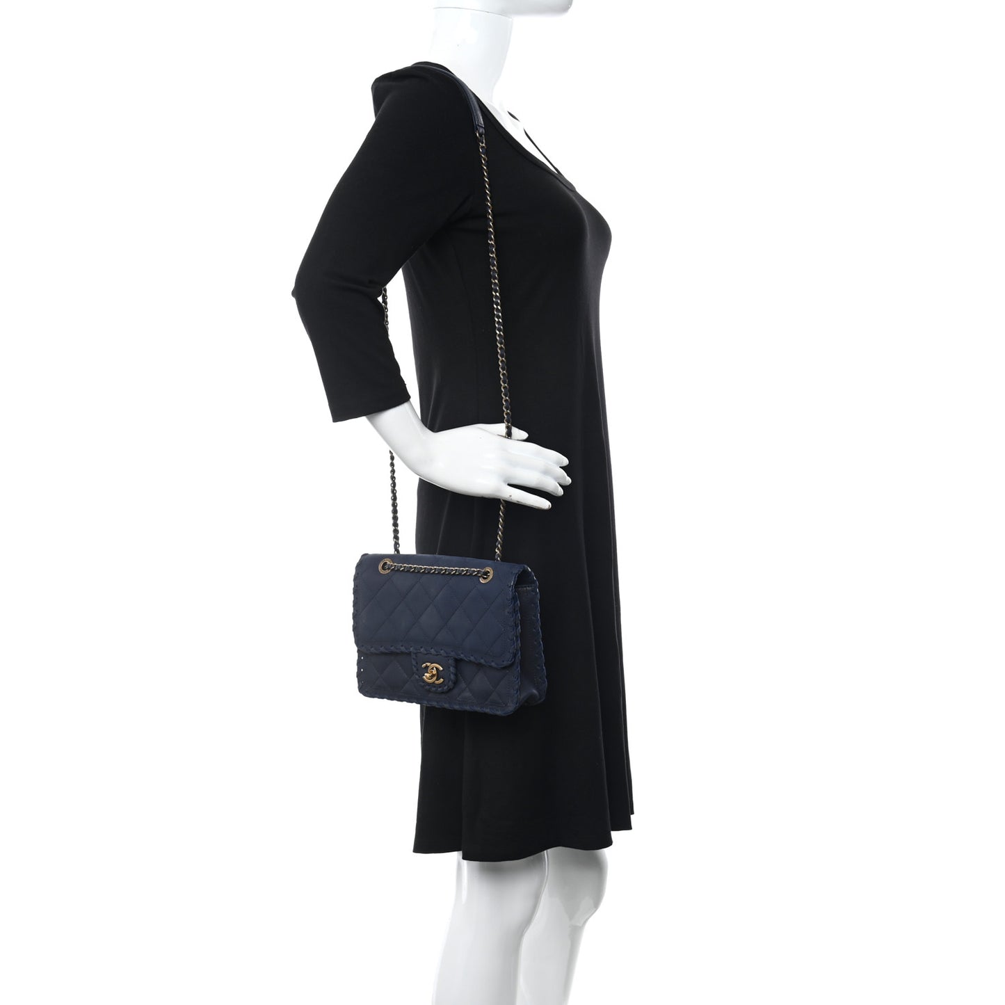 Iridescent Calfskin Small Happy Stitch Flap Navy