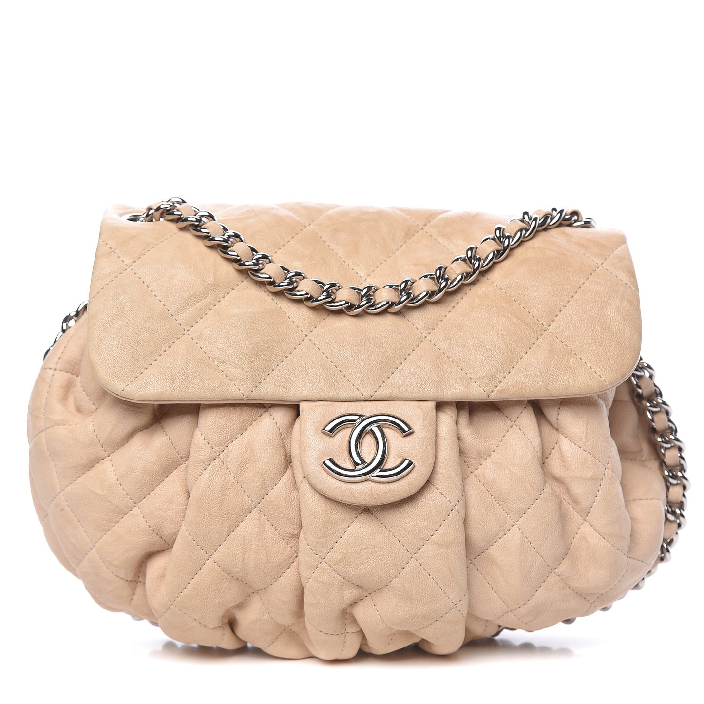 Washed Lambskin Quilted Medium Chain Around Flap Beige