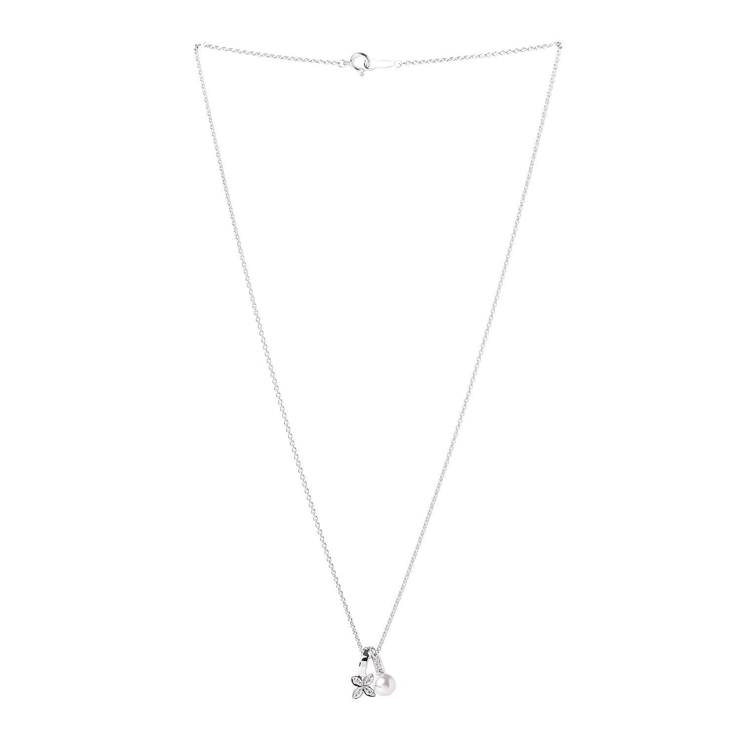 18K White Gold Diamond Akoya Pearl 5.5mm Flower Pendant Necklace