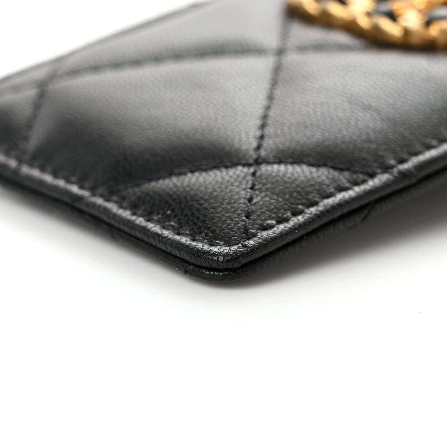 Shiny Goatskin Quilted Chanel 19 Card Holder On Chain Black