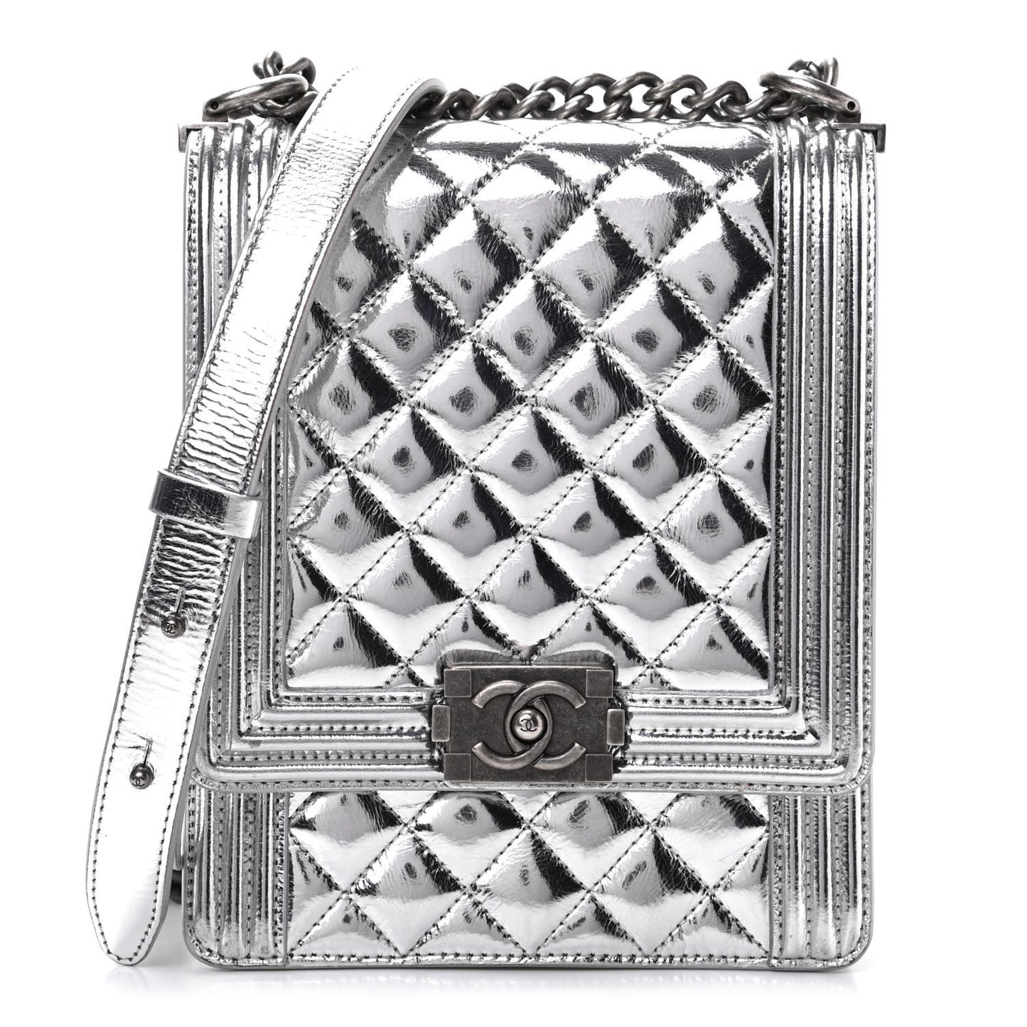 Metallic Goatskin Quilted North South Boy Flap Silver