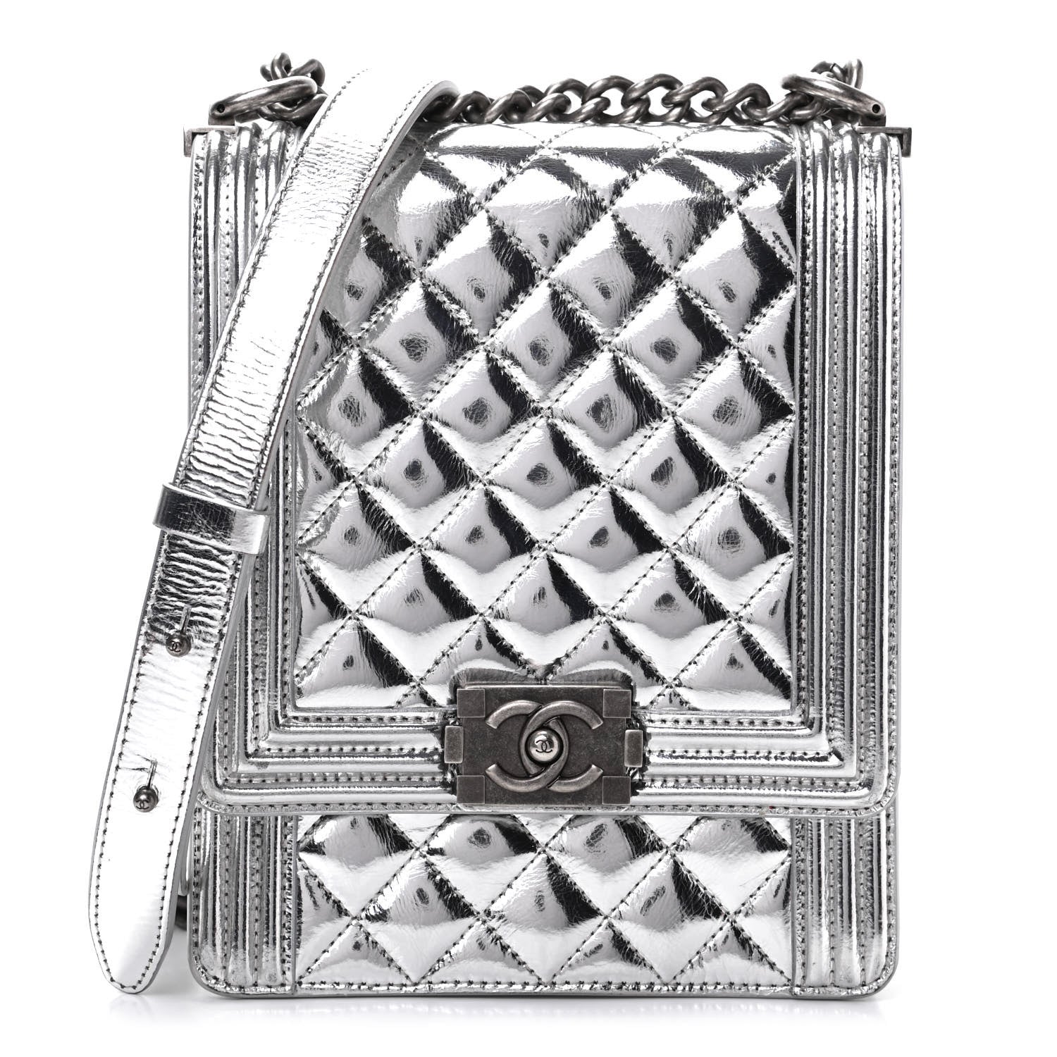 Chanel Metallic Goatskin Quilted North South Boy Flap Silver 1 of 10