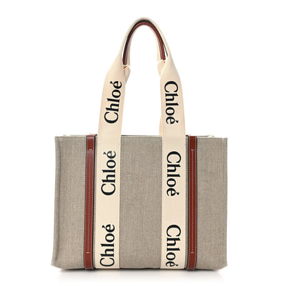 Chloe Cotton Calfskin Medium Woody Ribbon Tote White Brown 1 of 8