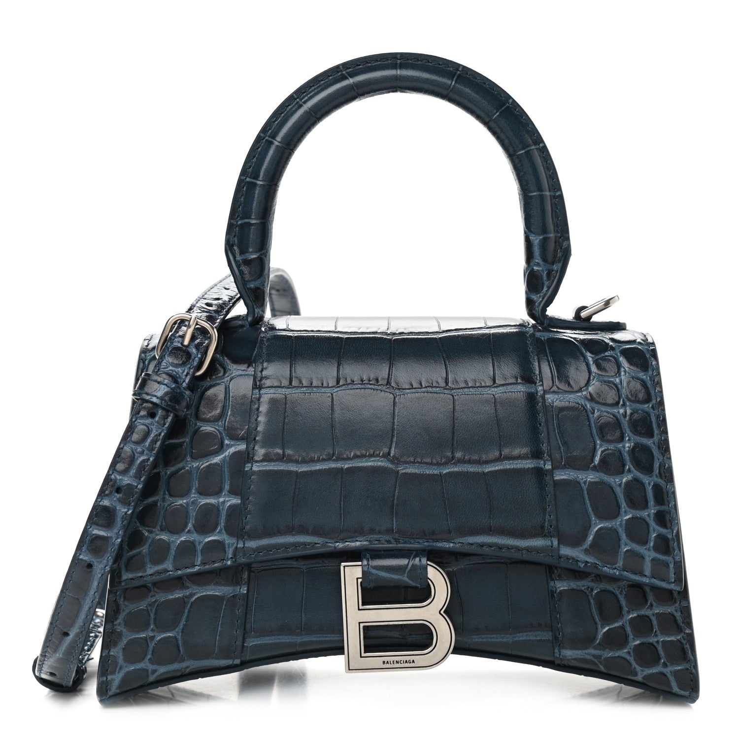 Balenciaga Shiny Calfskin Crocodile Embossed Hourglass Top Handle Bag XS Denim Blue 1 of 12