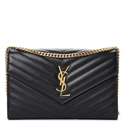 Saint Laurent Grain De Poudre Matelasse Chevron Monogram Chain Wallet Black 1 of 19