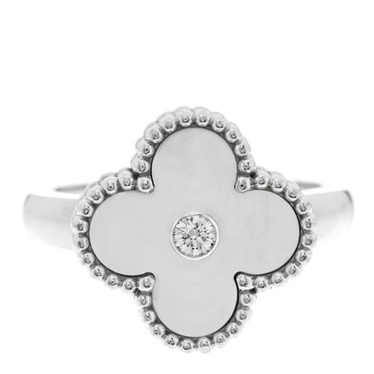 Van Cleef & Arpels 18K White Gold Diamond Mother of Pearl Vintage Alhambra Ring 53 6.5 1 of 5