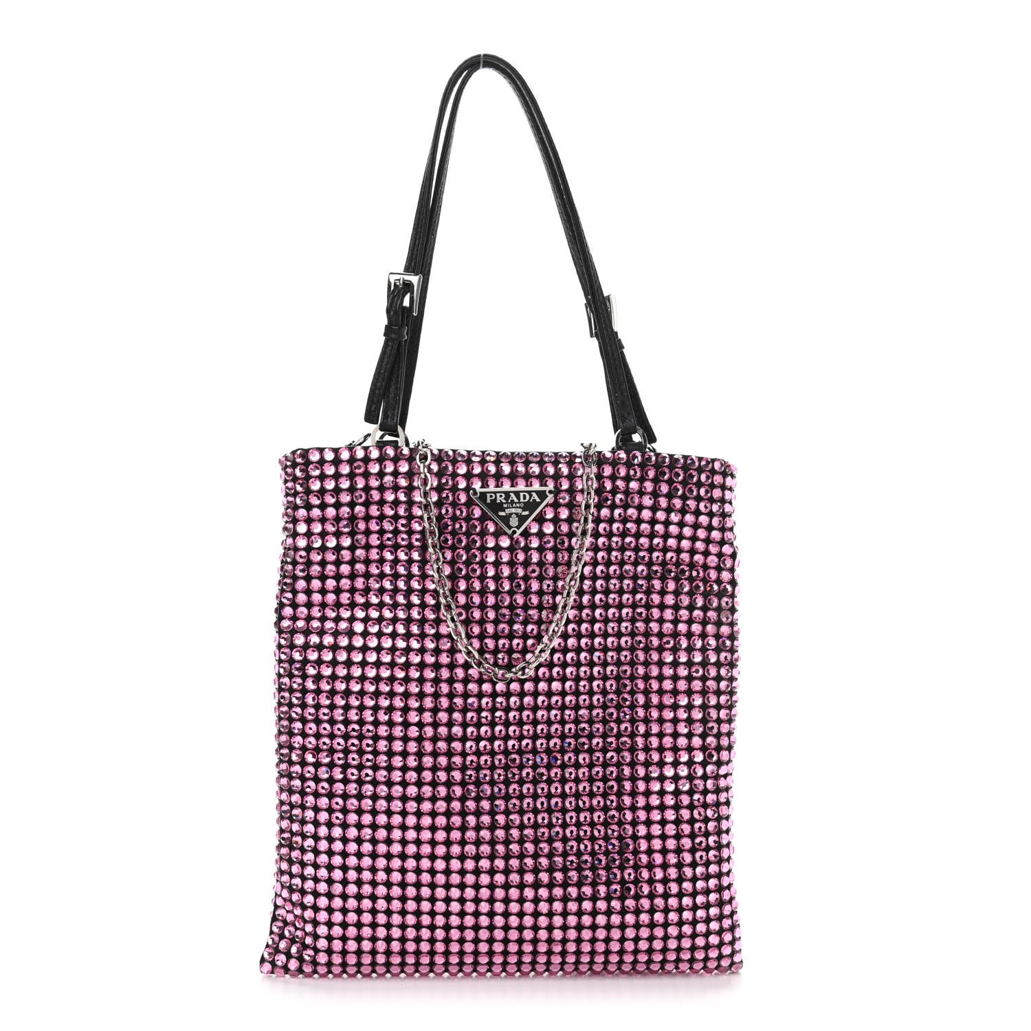 Prada Satin Crystal Metal Triangle Logo Chain Crossbody Handbag Rosa 1 of 9