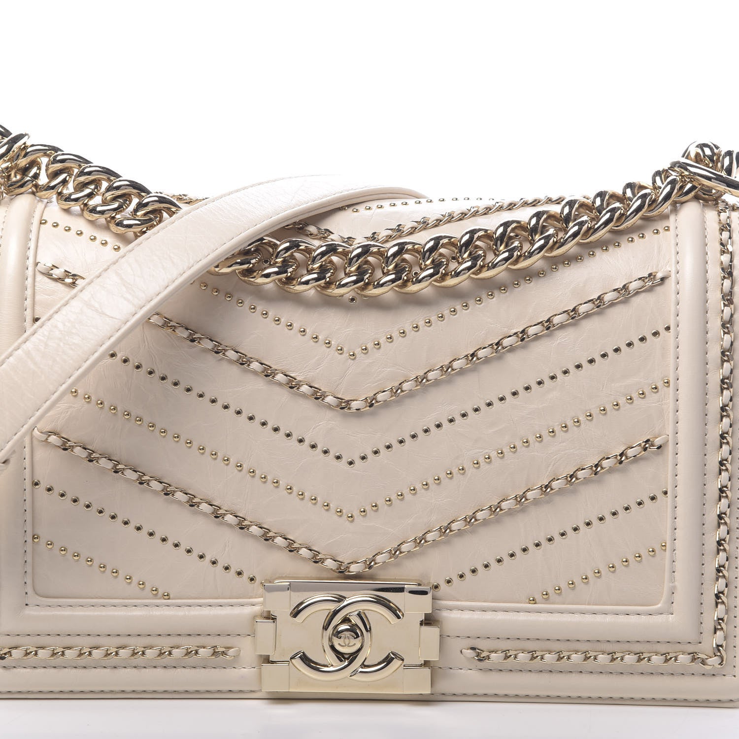 Chanel Crumpled Calfskin Chevron Medium Chain Boy Flap Ivory 11 of 11
