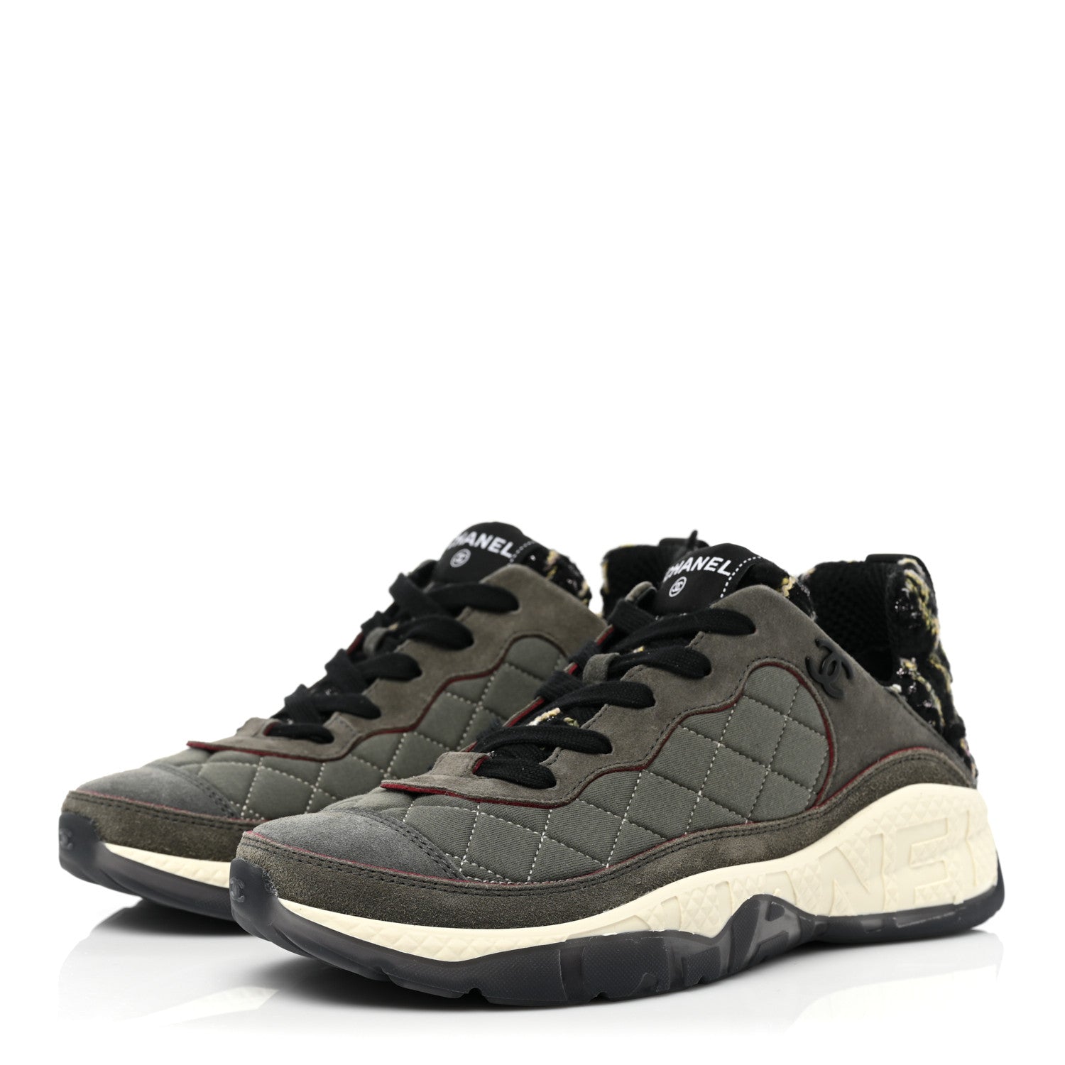 Chanel Tweed Suede Calfskin Grained Calfskin Womens CC Sneakers 38 Black Grey Dark Grey 3 of 9