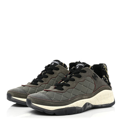 Chanel Tweed Suede Calfskin Grained Calfskin Womens CC Sneakers 38 Black Grey Dark Grey 3 of 9