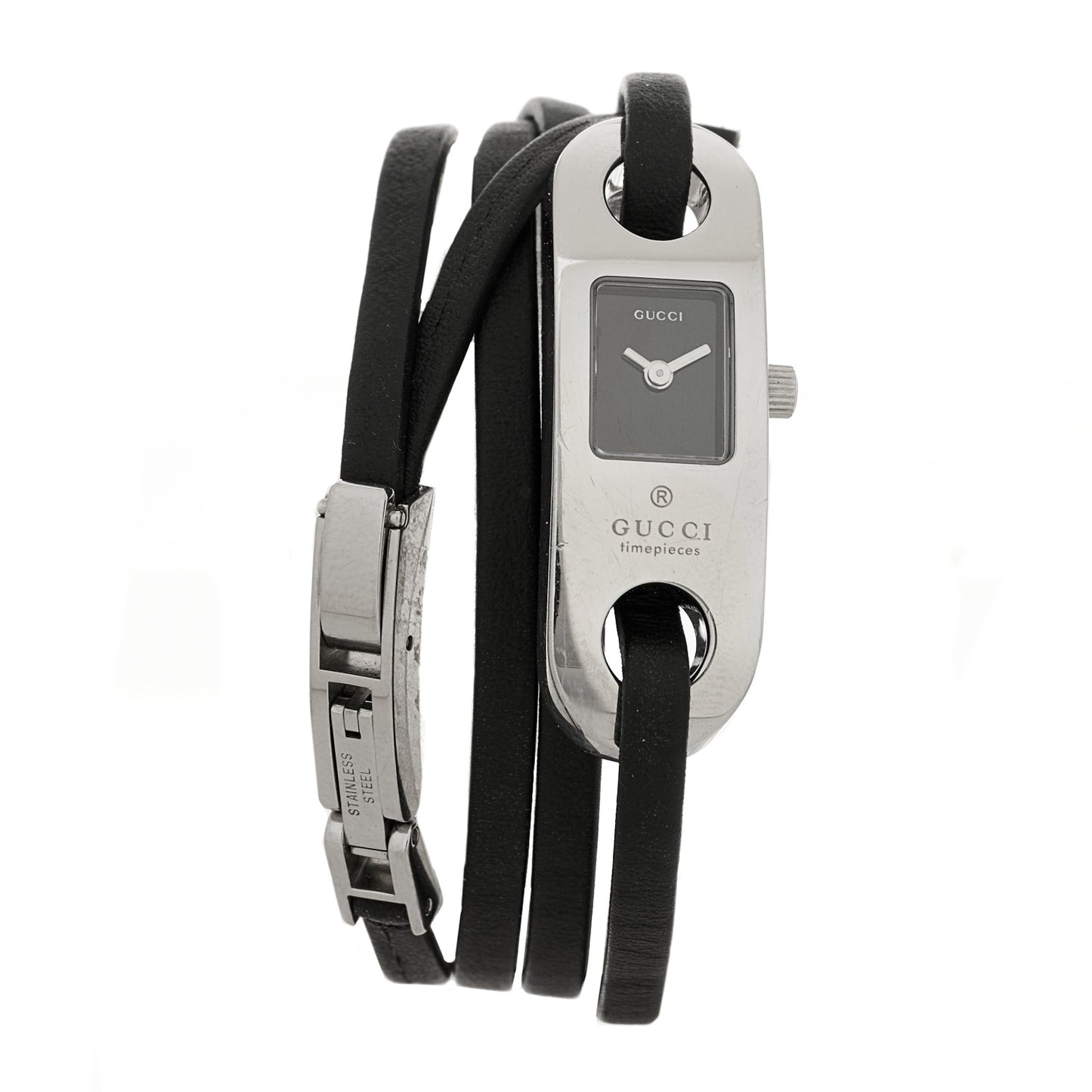 Stainless Steel Calfskin 14mm 6100L Wrap Quartz Watch Black