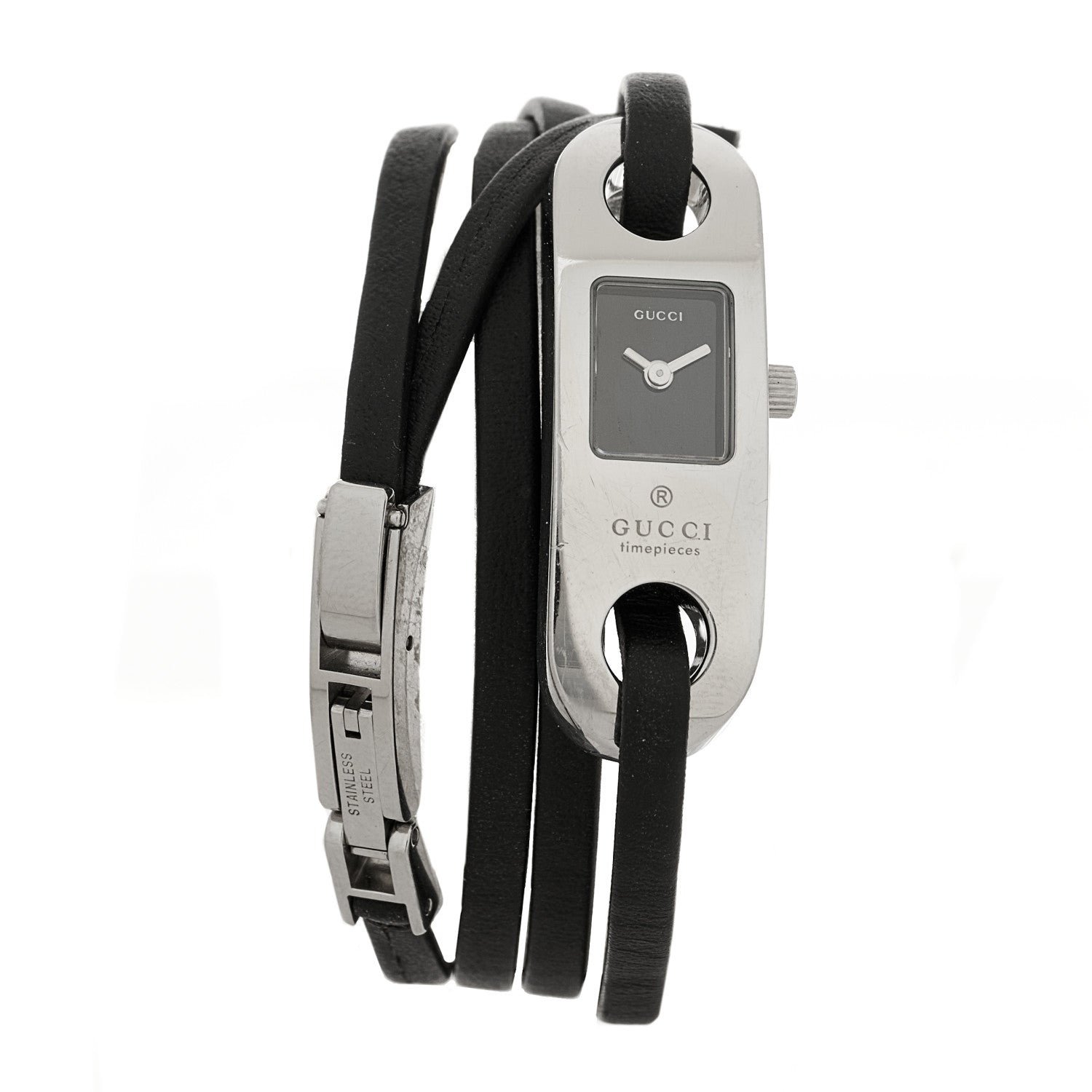 Gucci Stainless Steel Calfskin 14mm 6100L Wrap Quartz Watch Black 1 of 4