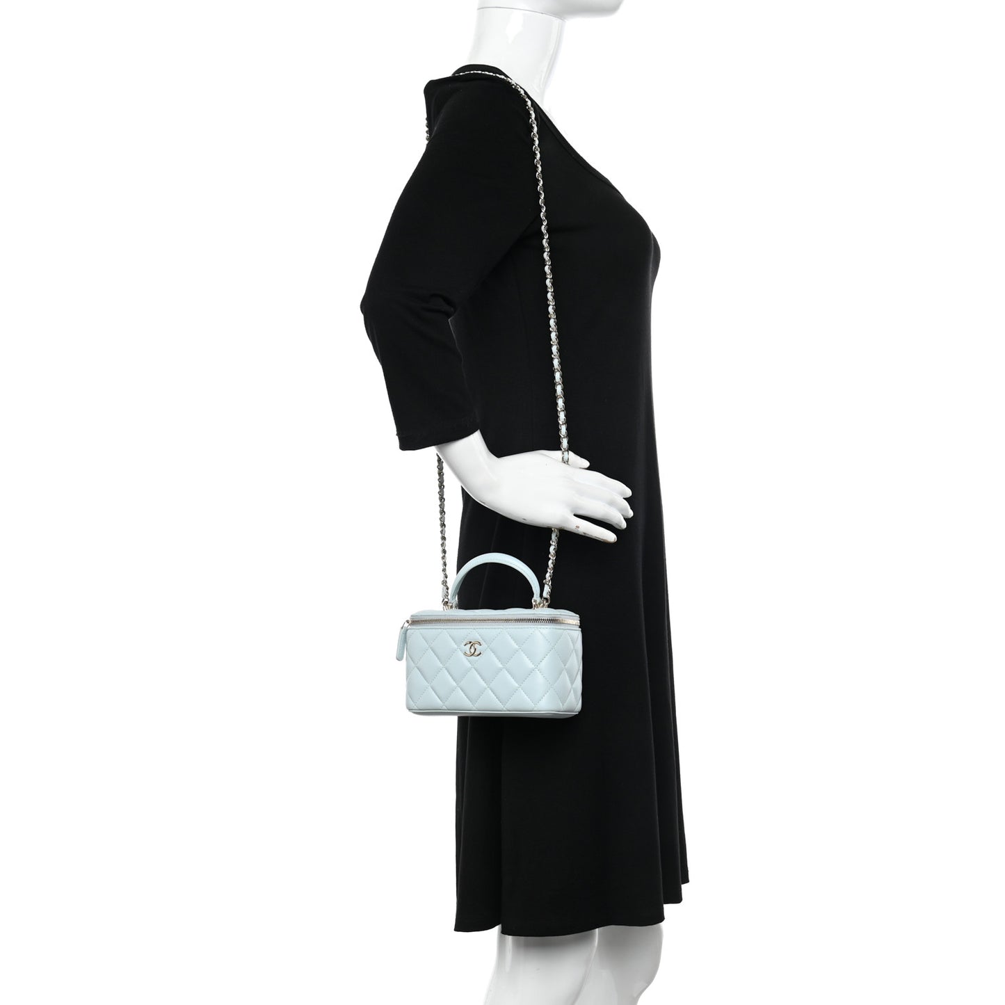 Lambskin Quilted Small Top Handle Vanity Case With Chain Light Blue