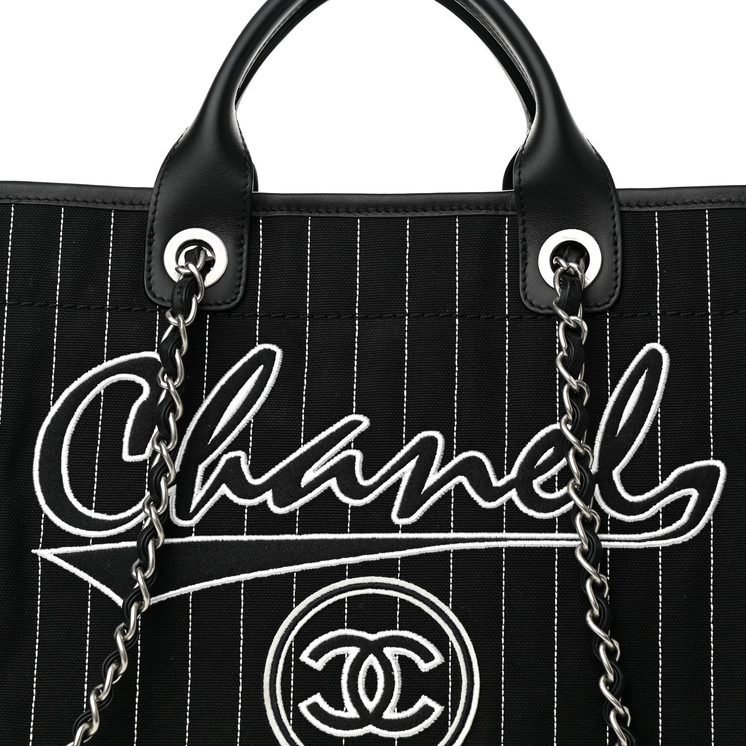 Chanel Canvas Calfskin Striped Medium Deauville Tote Black White 9 of 11