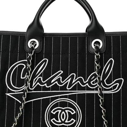 Chanel Canvas Calfskin Striped Medium Deauville Tote Black White 9 of 11