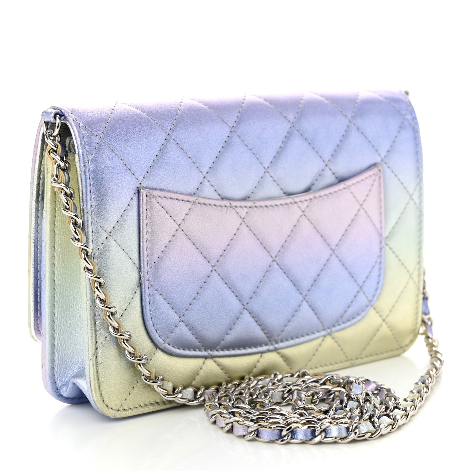 Chanel Gradient Metallic Calfskin Quilted Wallet On Chain WOC Silver Blue Yellow Purple 3 of 12