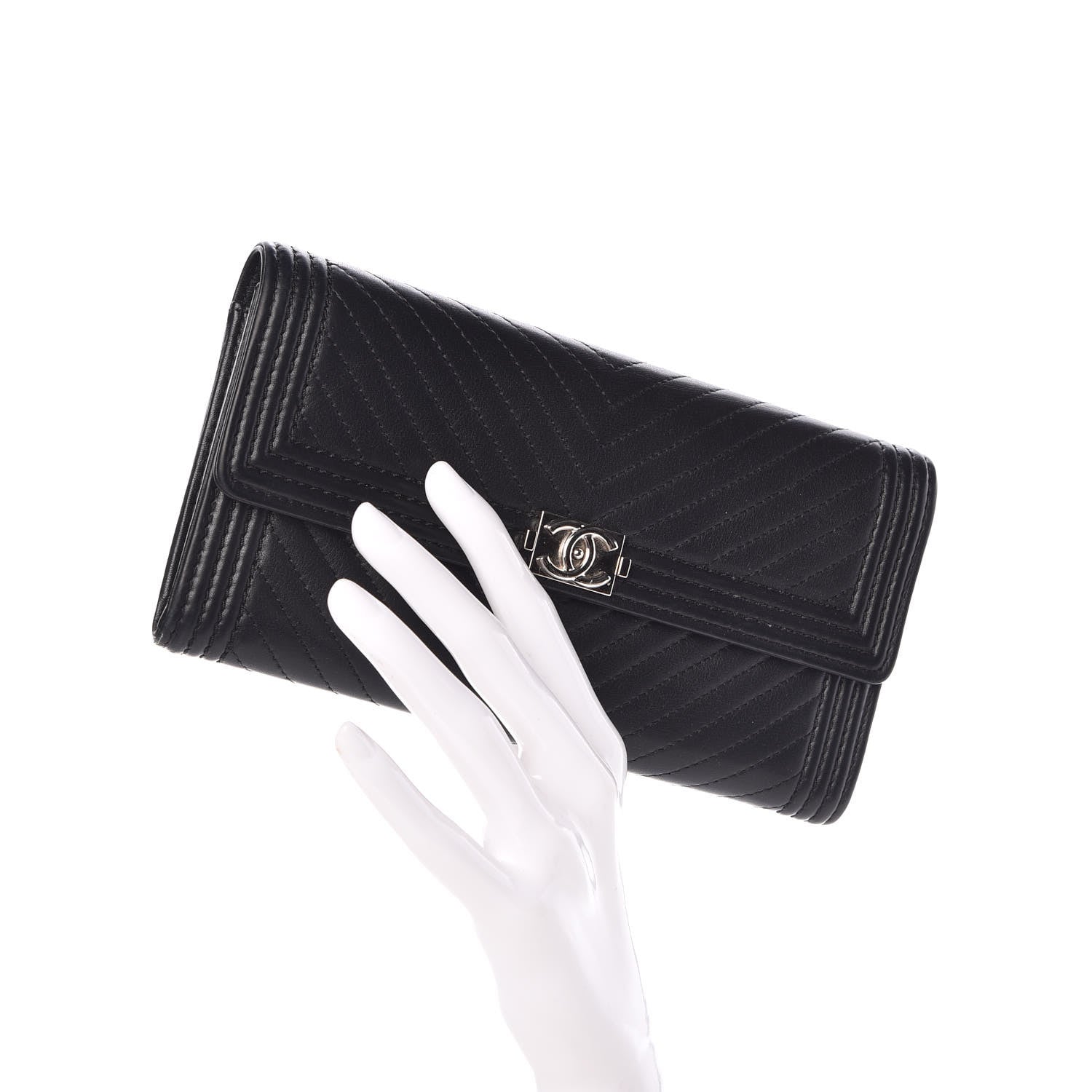 Chanel Calfskin Chevron Quilted Boy Flap Wallet Black 2 of 12