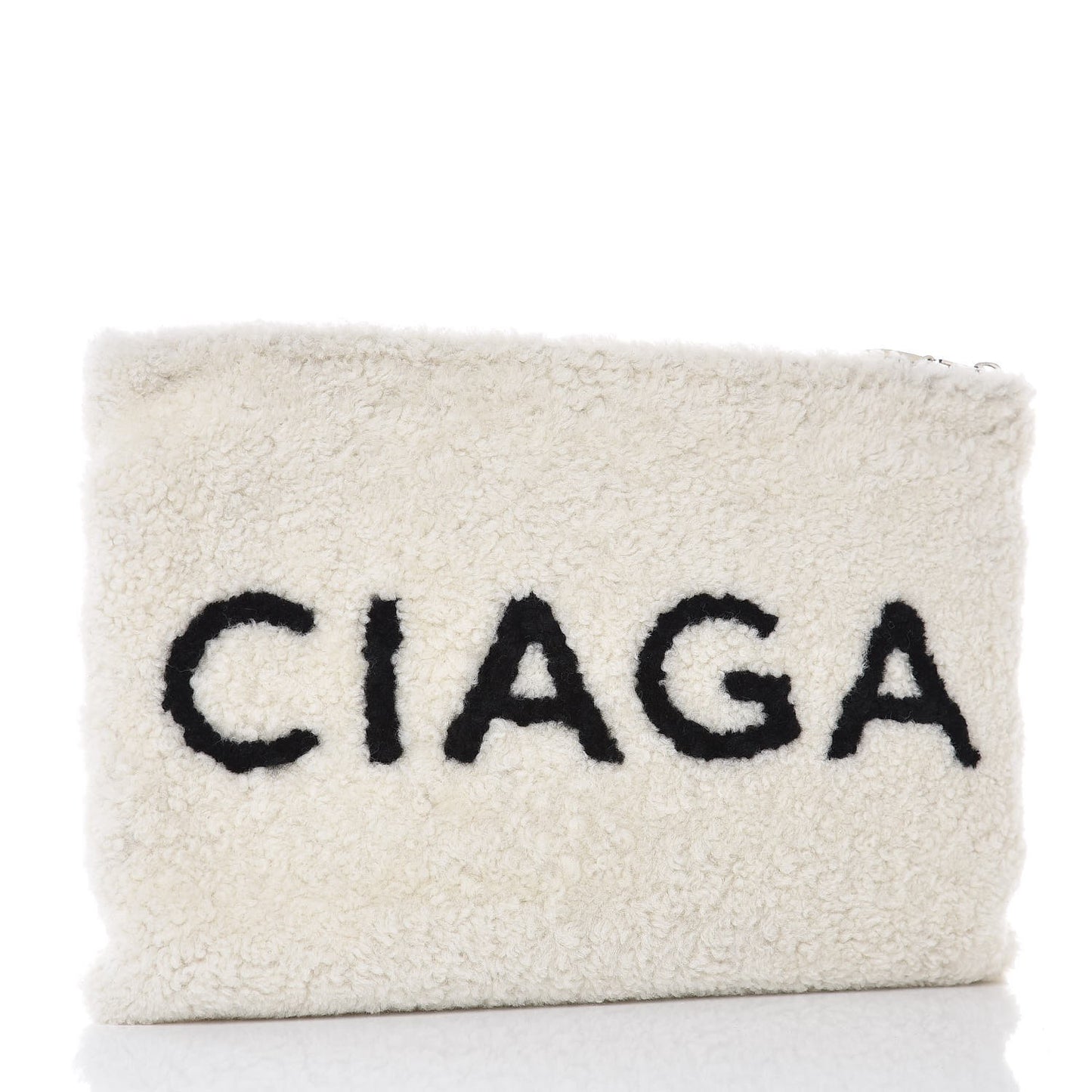 Sheepskin Shearling Contrasted Logo Large Zip Pouch White Black
