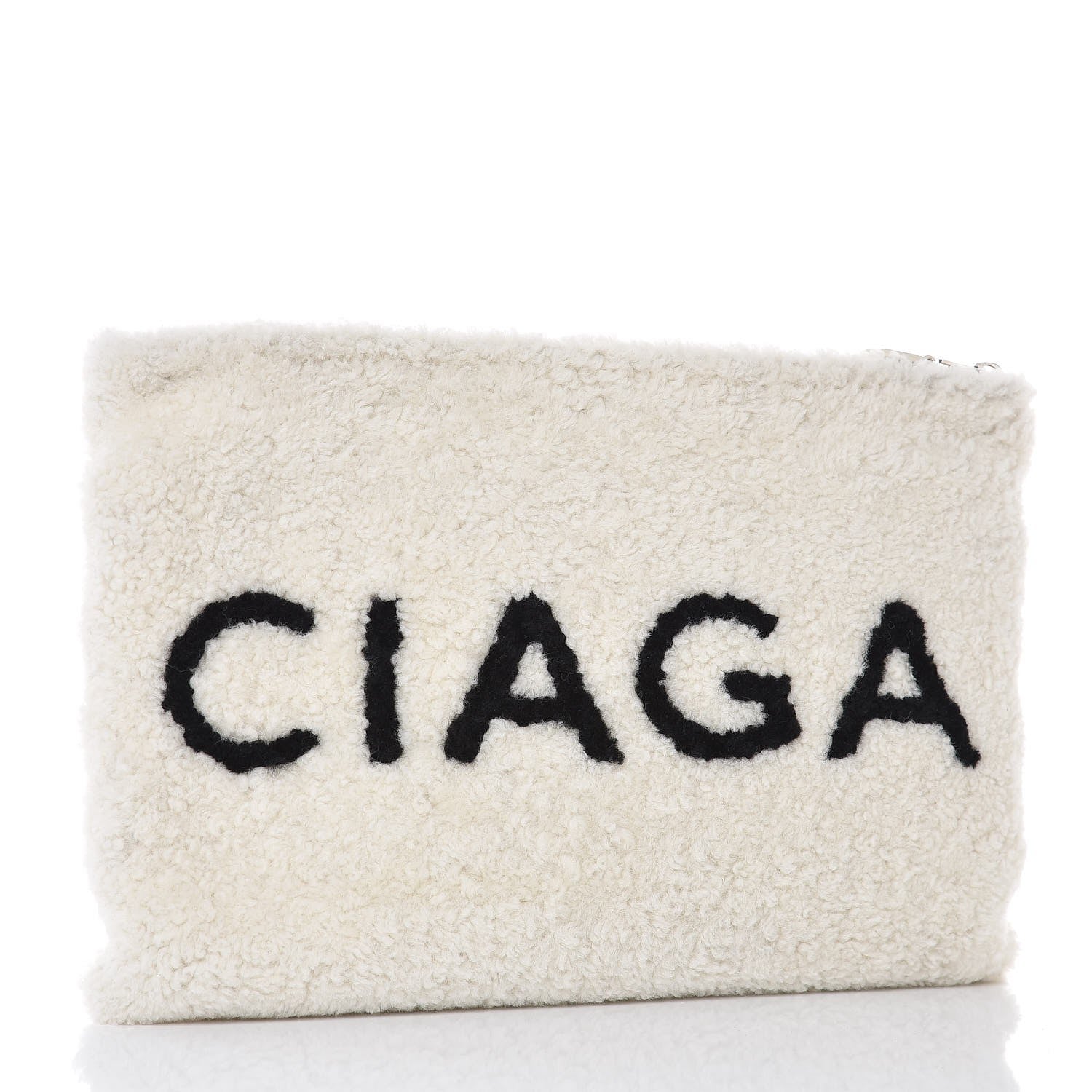 Balenciaga Sheepskin Shearling Contrasted Logo Large Zip Pouch White Black 3 of 7