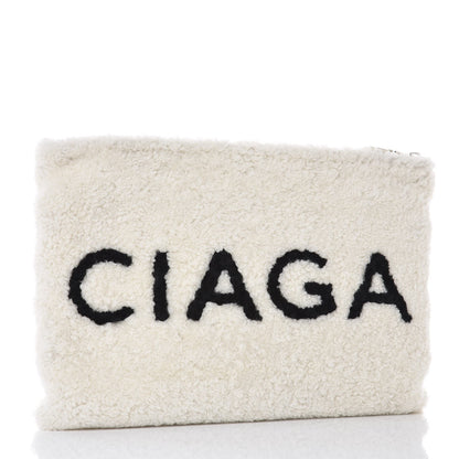 Balenciaga Sheepskin Shearling Contrasted Logo Large Zip Pouch White Black 3 of 7