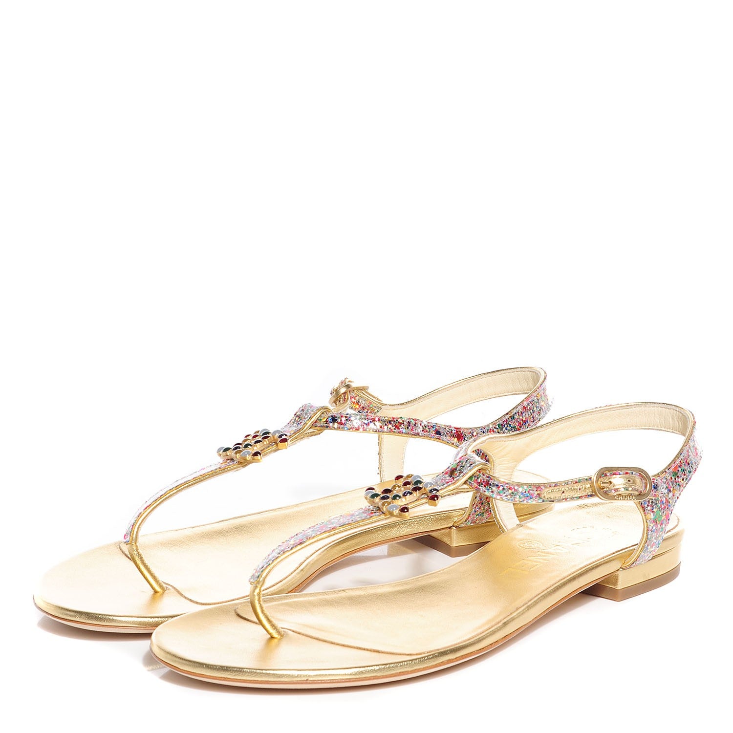 Chanel Patent Glitter CC Flat Sandals 36.5 Gold Multicolor 3 of 6