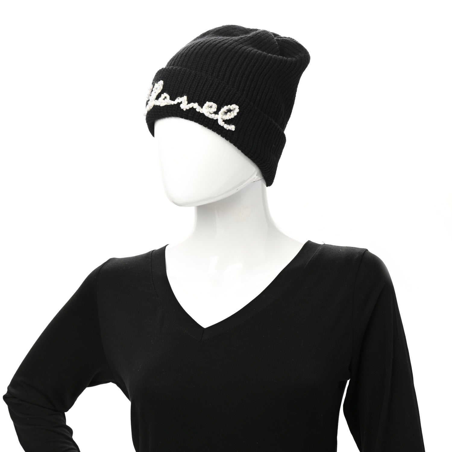 Chanel Cashmere Logo Beanie Hat Black White 2 of 4