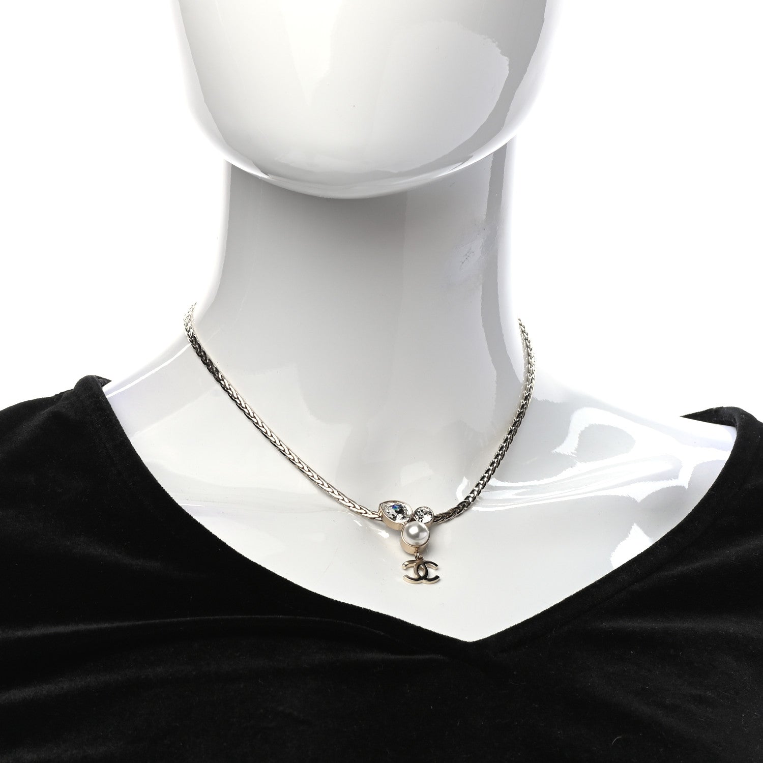 Chanel Pearl Crystal CC Teardrop Braided Necklace Gold 2 of 4