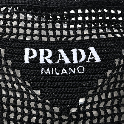 Prada Yarn Raffia Effect Crochet Logo Embroidered Tote Bag Black 7 of 9
