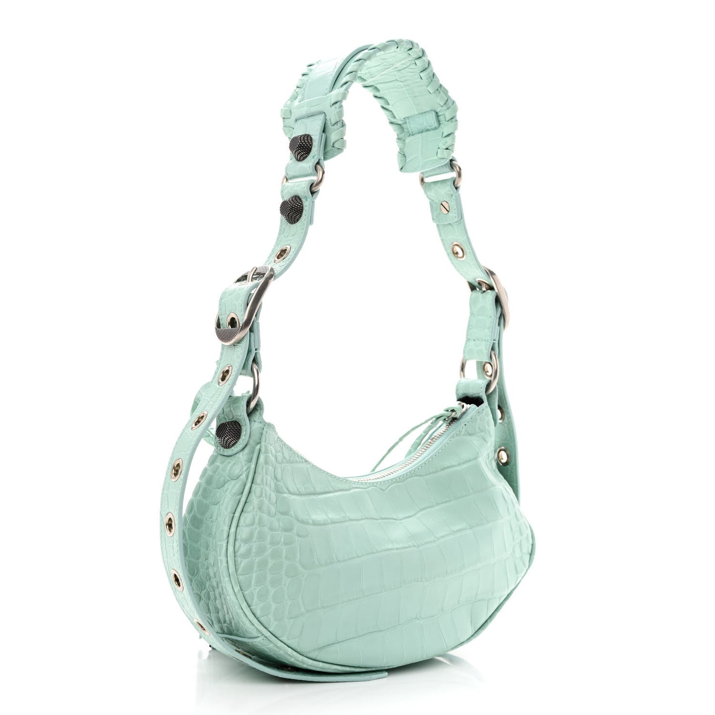 Extra Supple Calfskin Crocodile Embossed Le Cagole Shoulder Bag XS Green Acqua