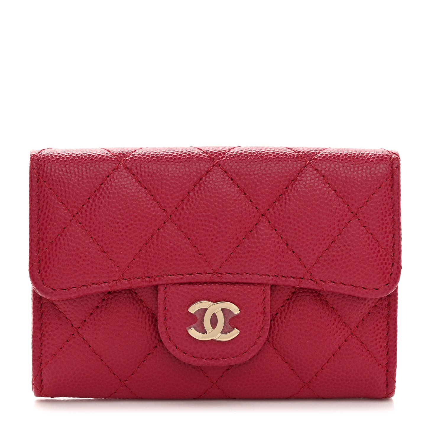 Caviar Quilted Flap Card Holder Wallet Dark Pink