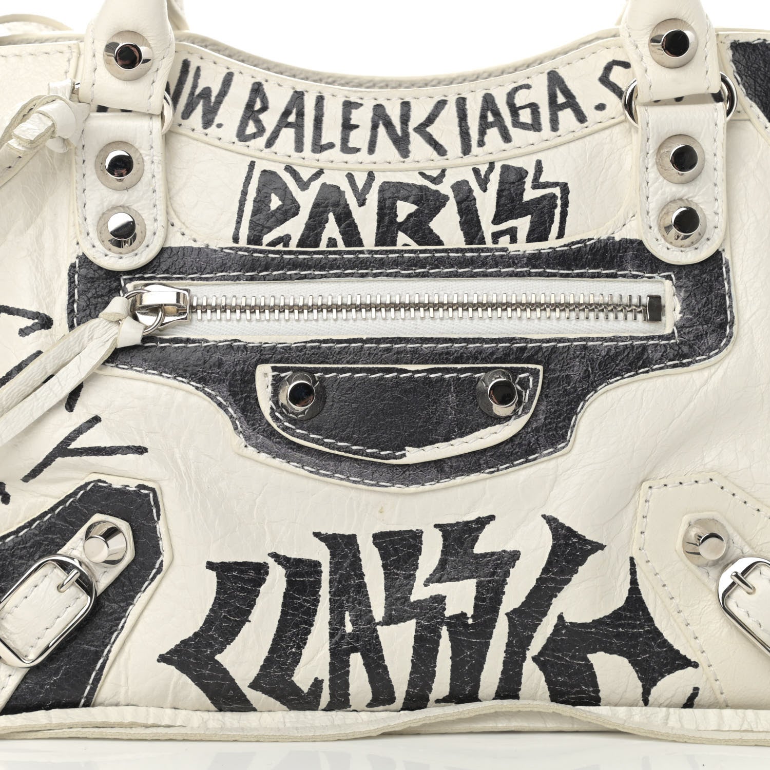 Balenciaga Agneau Arena Graffiti All Over Classic Silver Hardware Mini City White Black 8 of 13