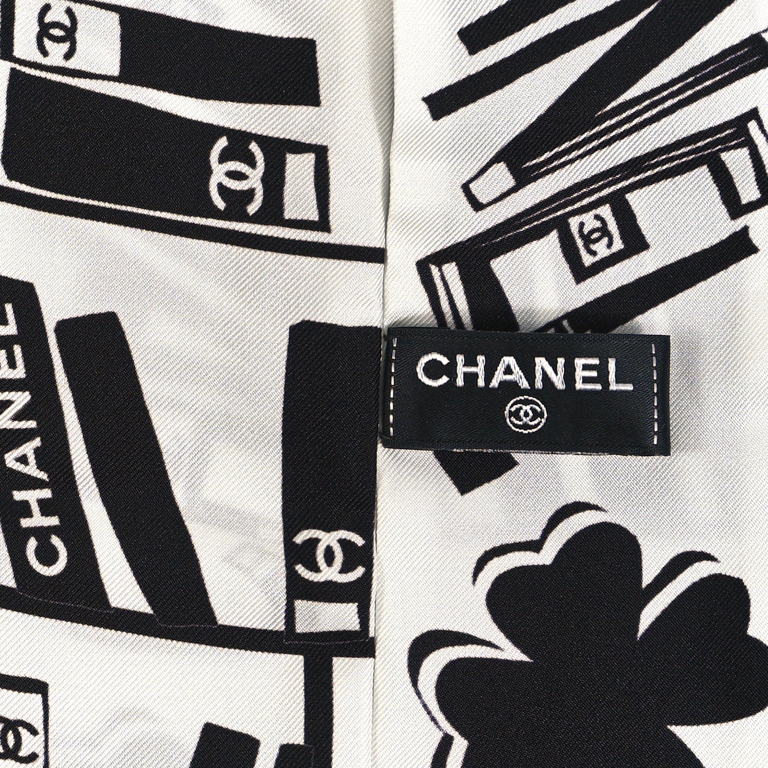 Chanel Silk CC Logo Slim Bandeau Scarf White Black 3 of 4