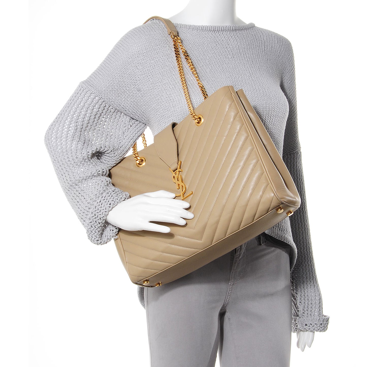 Lambskin Matelasse Chevron Monogram Cassandre Shopper Beige