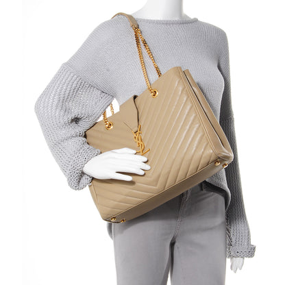 Saint Laurent Lambskin Matelasse Chevron Monogram Cassandre Shopper Beige 2 of 8