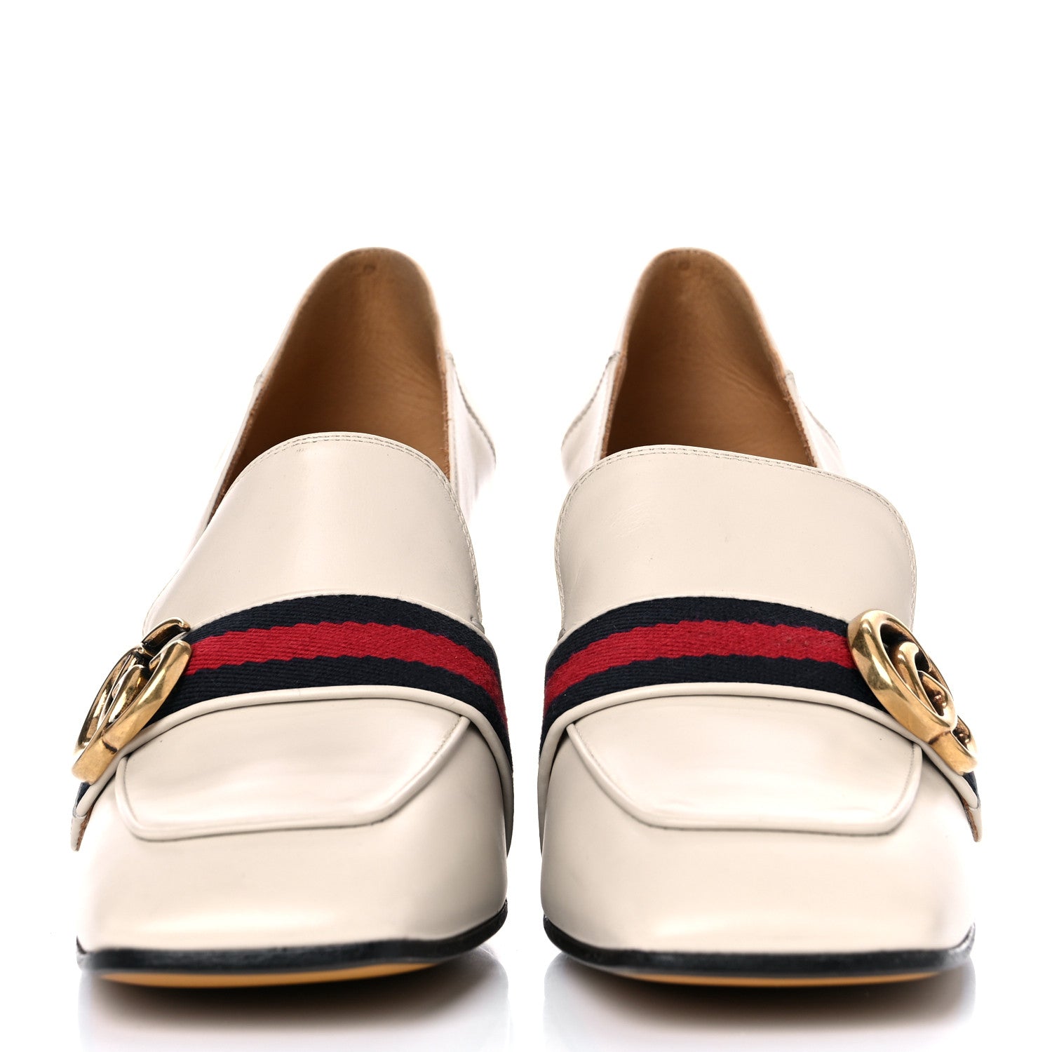 Gucci Betis Glamour Calfskin Web Pearl Embellished Peyton 75mm Loafer Pumps 39.5 Mystic White 2 of 17