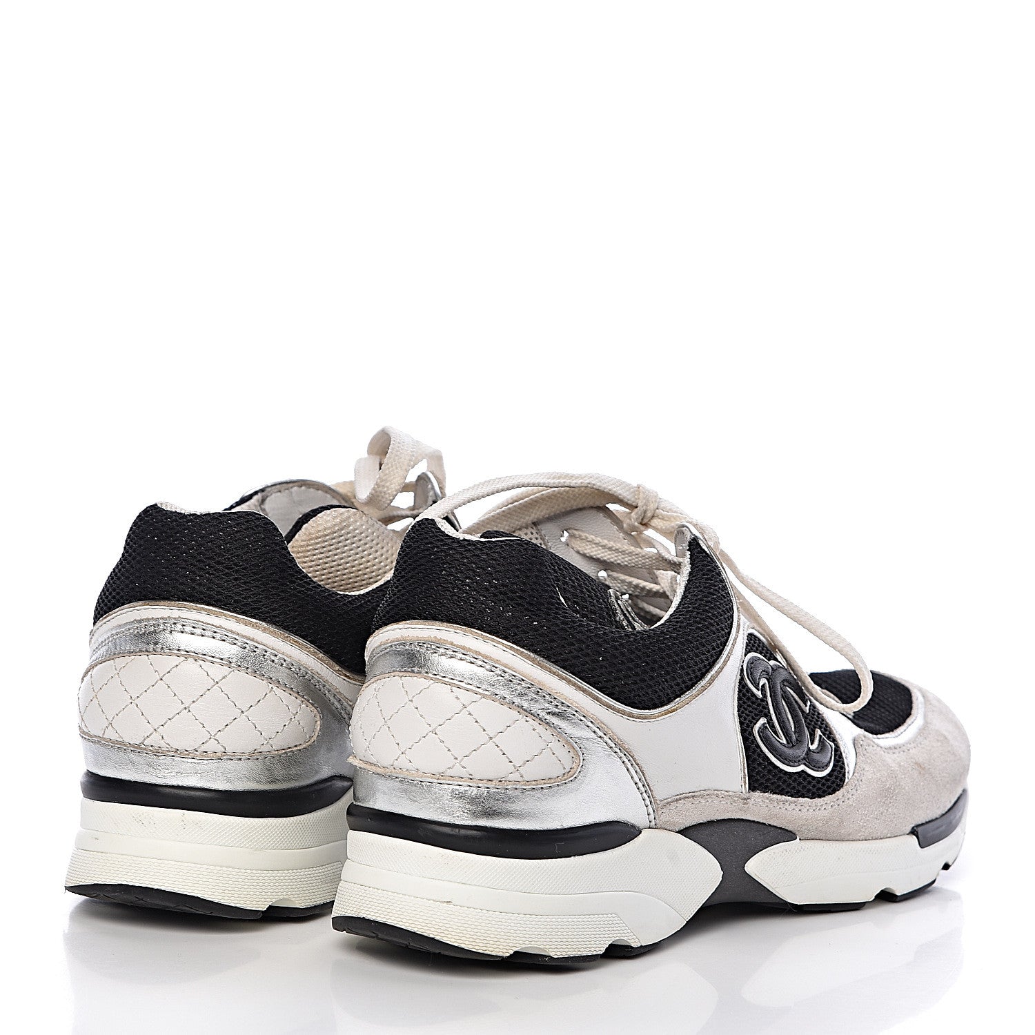 Chanel Suede Calfskin Womens CC Sneakers 37 Black White Silver 4 of 9