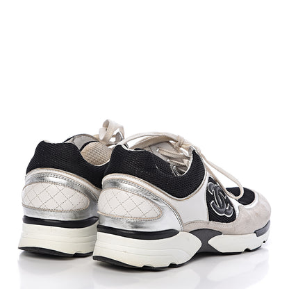 Chanel Suede Calfskin Womens CC Sneakers 37 Black White Silver 4 of 9