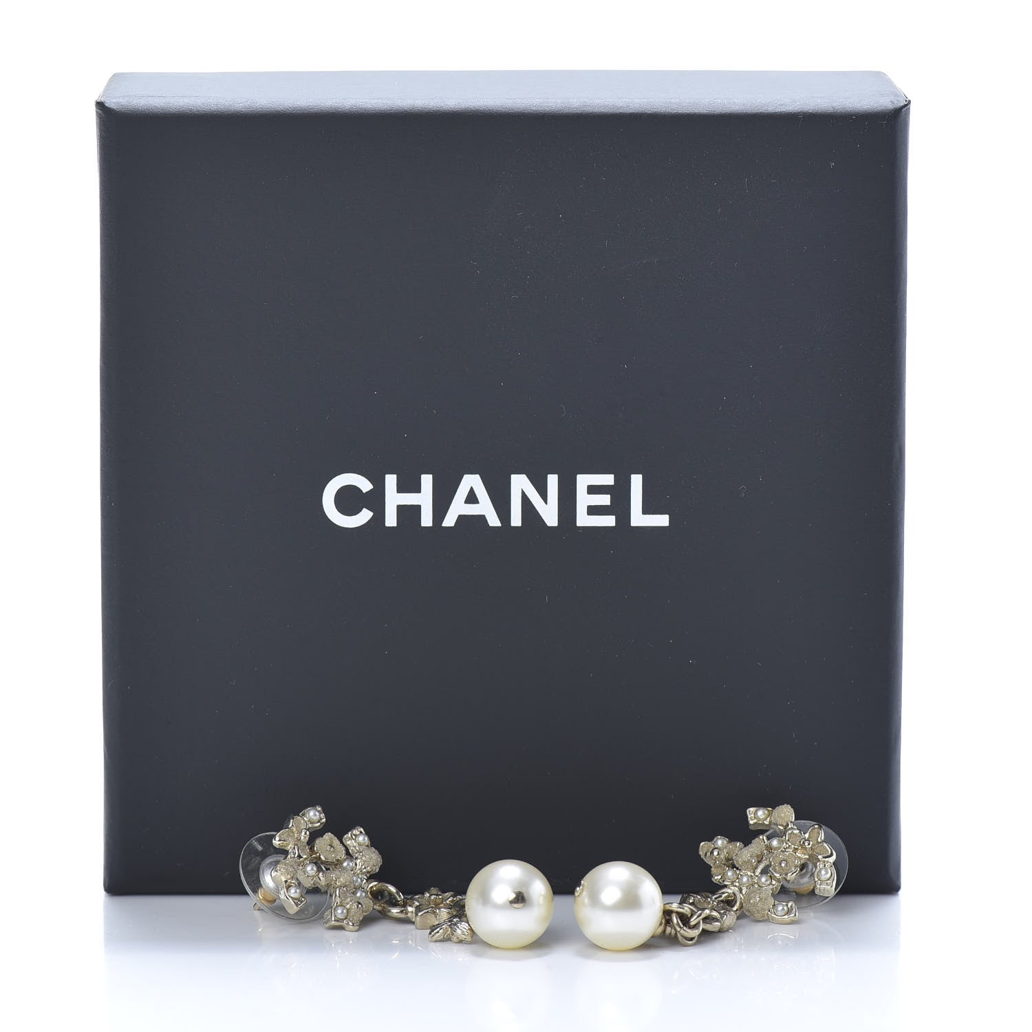 Chanel Pearl Crystal CC Flower Drop Earrings Gold White Nacre 5 of 5