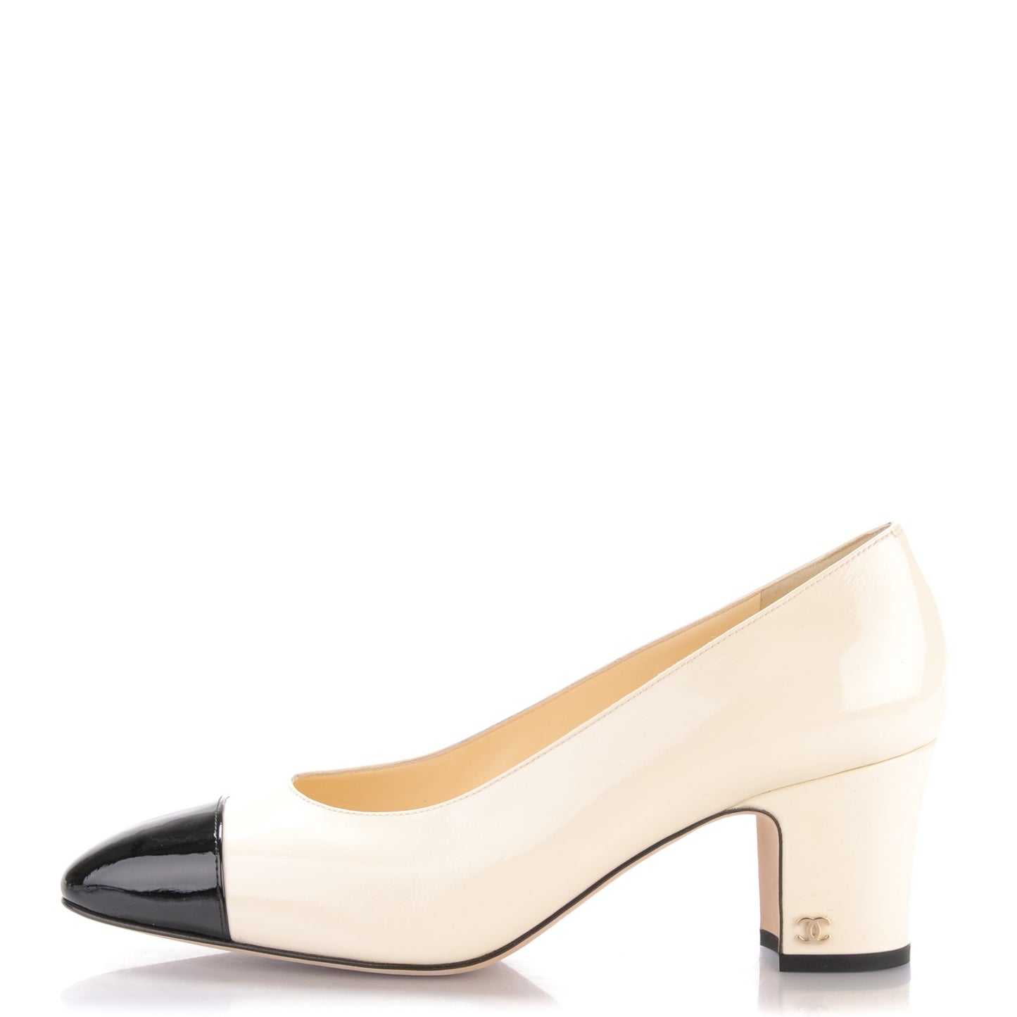 Patent Calfskin CC Cap Toe Low Heel Pumps 40.5 White Black