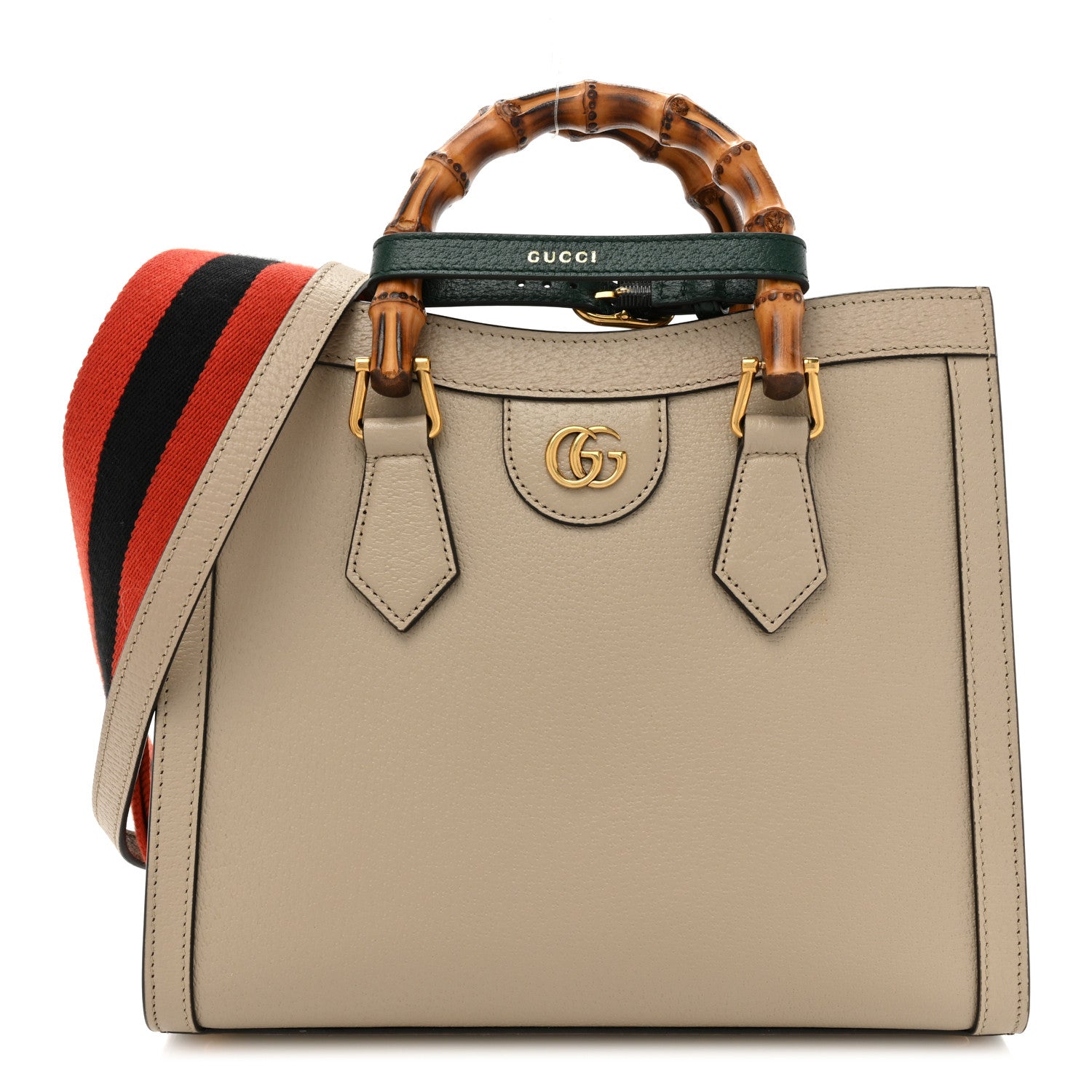 GUCCI Textured Dollar Calfskin Web Small Diana Tote Bag in the colors Oatmeal Vintage Green by FASHIONPHILE