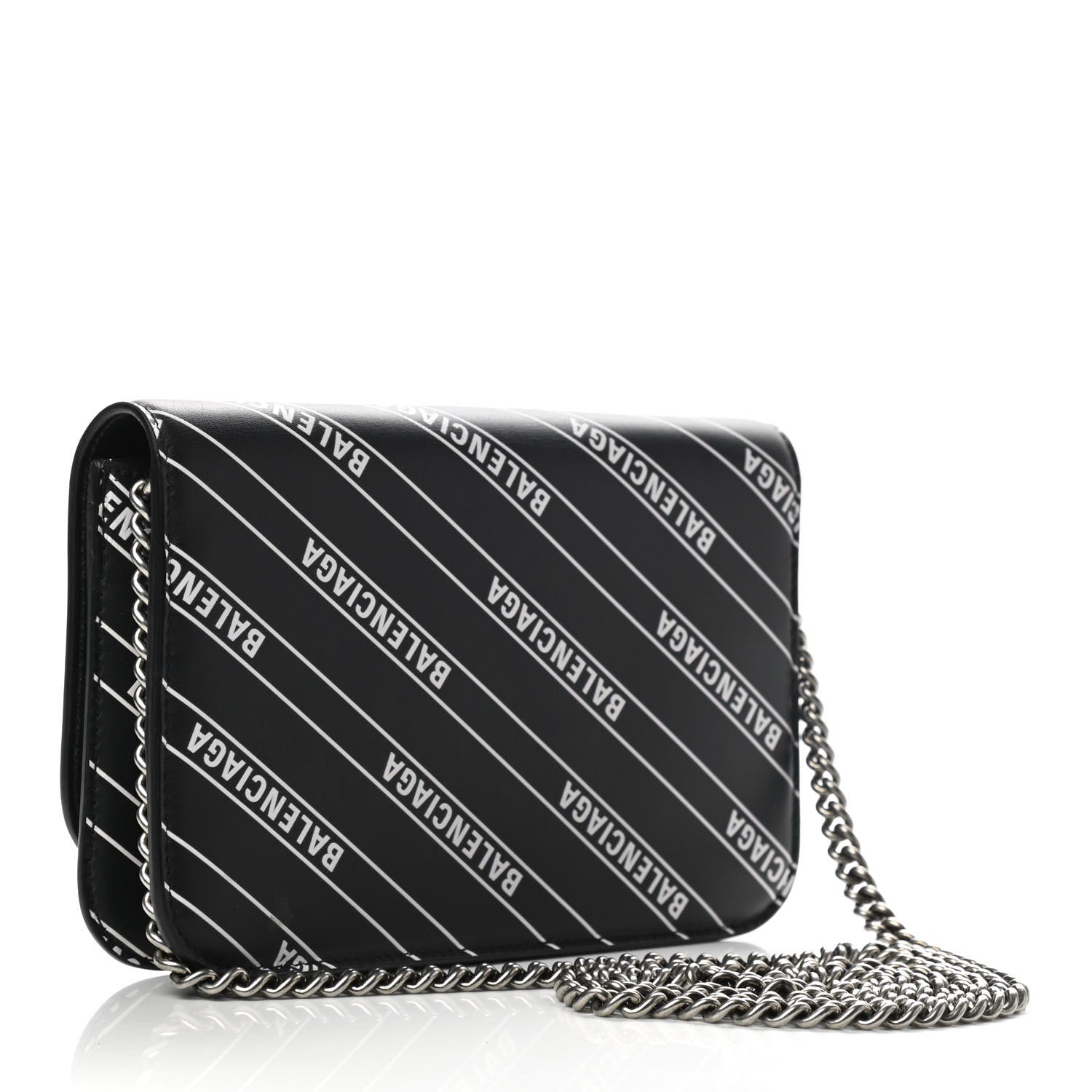 Balenciaga Matte Calfskin Diagonal Allover Logo Print B Wallet on Chain Black White 3 of 8
