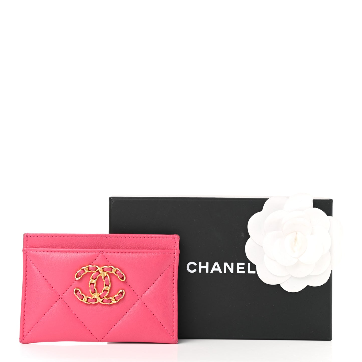 Shiny Goatskin Quilted Chanel 19 Card Holder Dark Pink