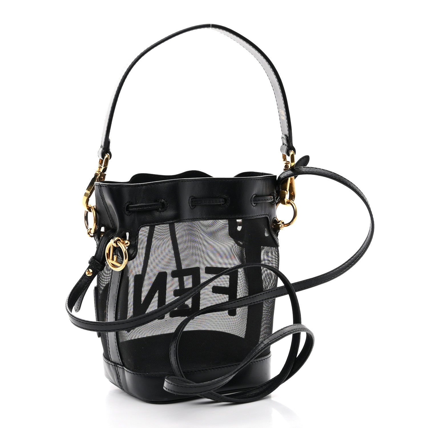 Fendi Mesh Vitello King F is Fendi Logo Embroidered Mini Mon Tresor Bucket Bag Black 2 of 11
