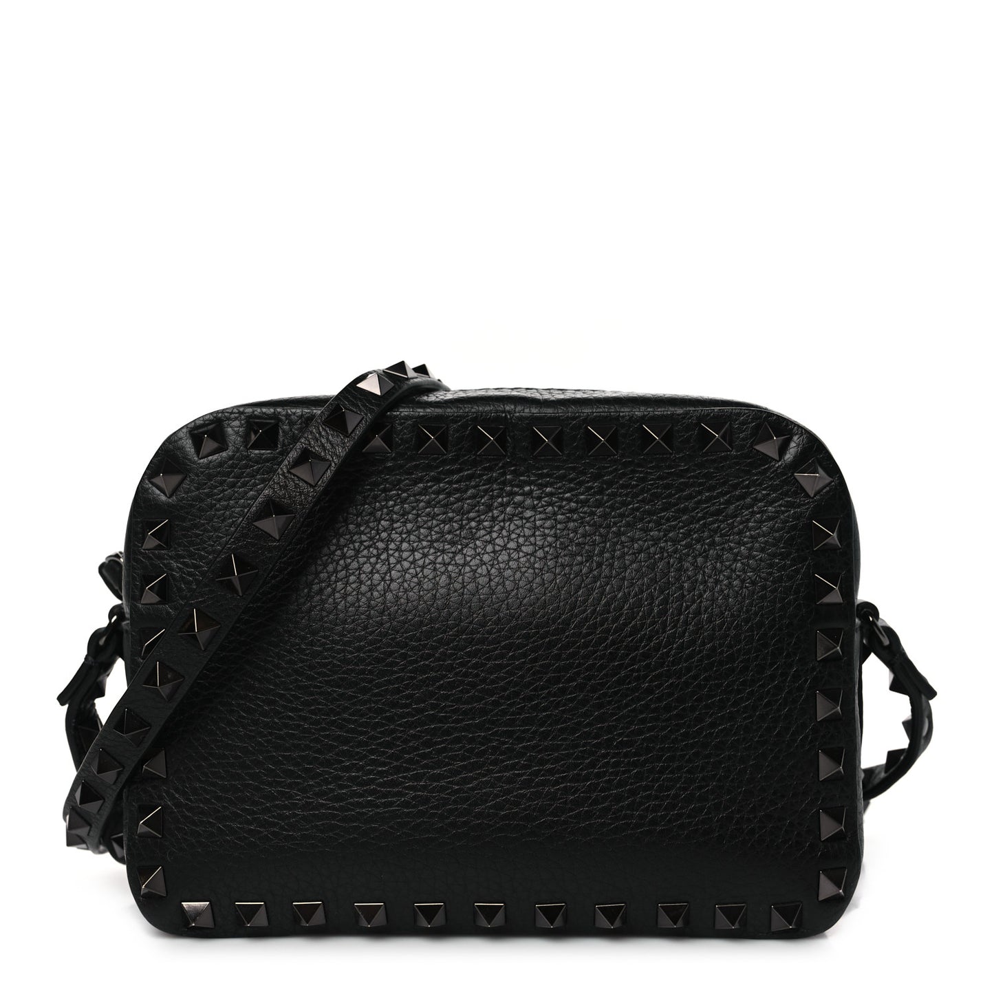 Pebbled Calfskin Rockstud Camera Crossbody Bag Black