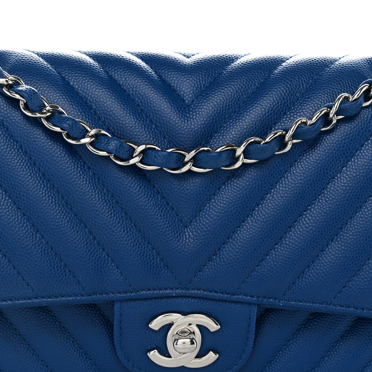 Caviar Chevron Quilted Medium Double Flap Blue