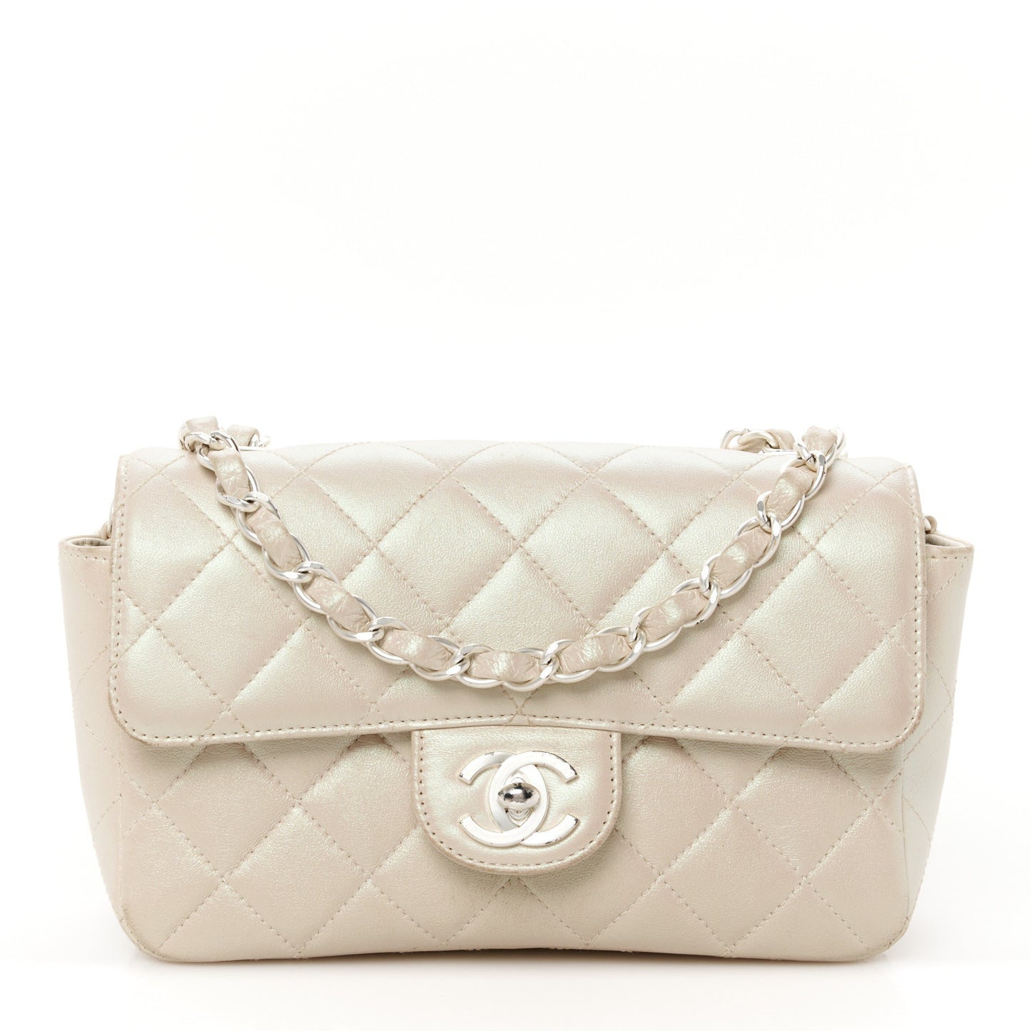 Iridescent Lambskin Quilted Mini Rectangular Flap Ivory
