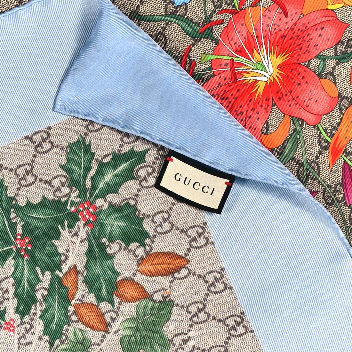 Gucci Silk Twill GG Monogram Special Florio Square Scarf Beige Sky Blue 3 of 4