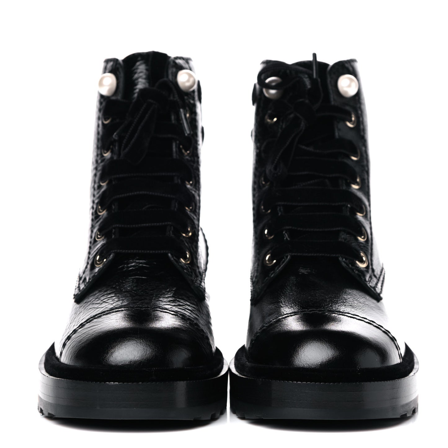 Shiny Calfskin Velvet Pearl Combat Short Boots 37 Black