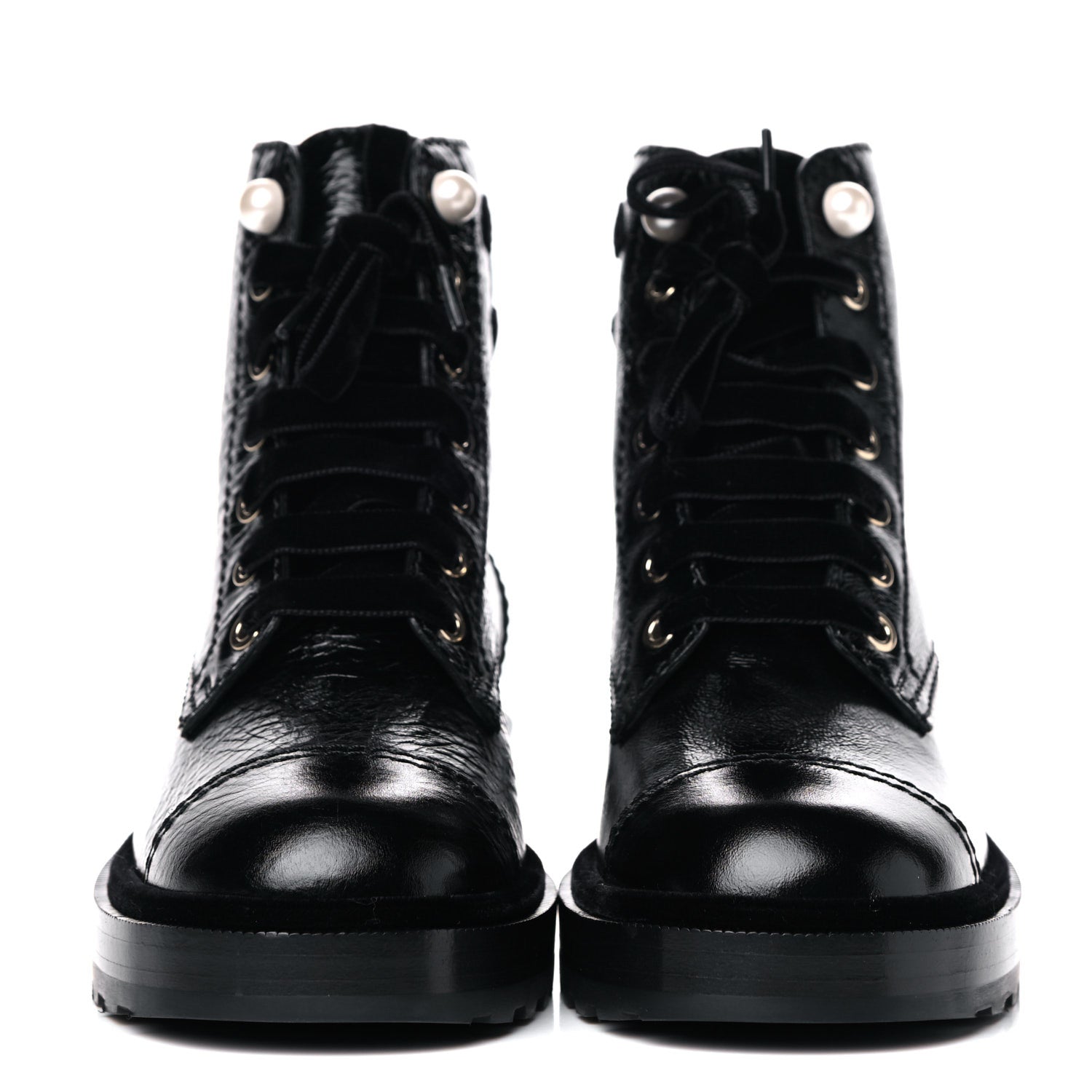 Chanel Shiny Calfskin Velvet Pearl Combat Short Boots 37 Black 2 of 13
