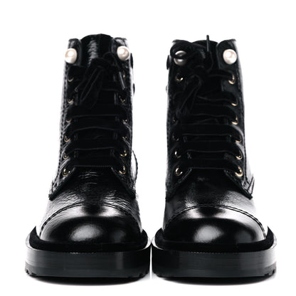 Chanel Shiny Calfskin Velvet Pearl Combat Short Boots 37 Black 2 of 13